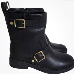 DKNY Isabetta Moto Leather Biker Boots Women’s size 11, Golden Buckles